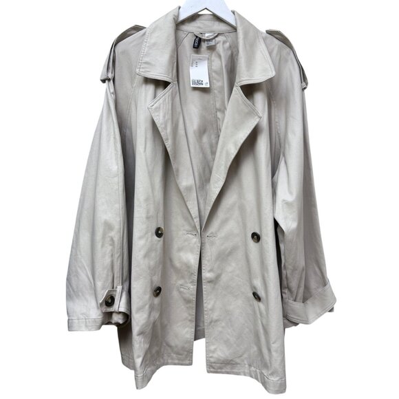 H&M Short Trench Coat XL Khaki Beige Cotton Womens Jacket Peacoat NWT - Picture 7 of 10